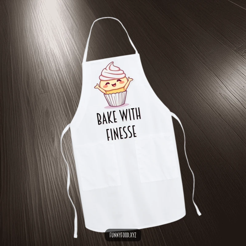 Funny cupcake apron showing a giggling cupcake performing a playful bow, ideal for a cheerful baker. Great funny gift.