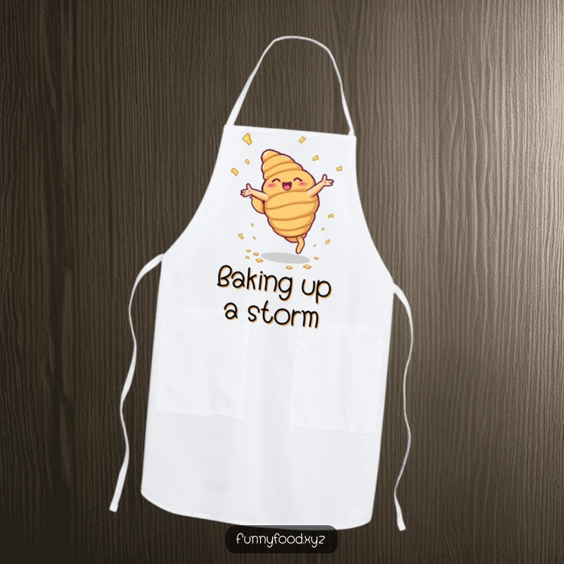 Funny apron featuring a beaming anthropomorphic croissant doing cartwheels, showering buttery flakes while cooking.