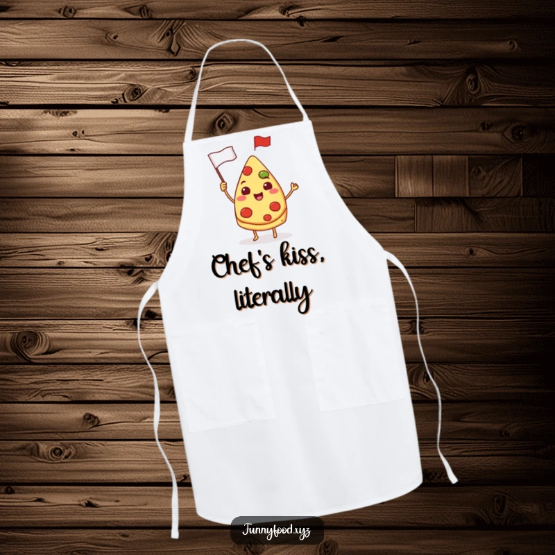 Funny pizza apron, a happy pizza slice waving a small flag, perfect for kitchen activities and pizza parties.