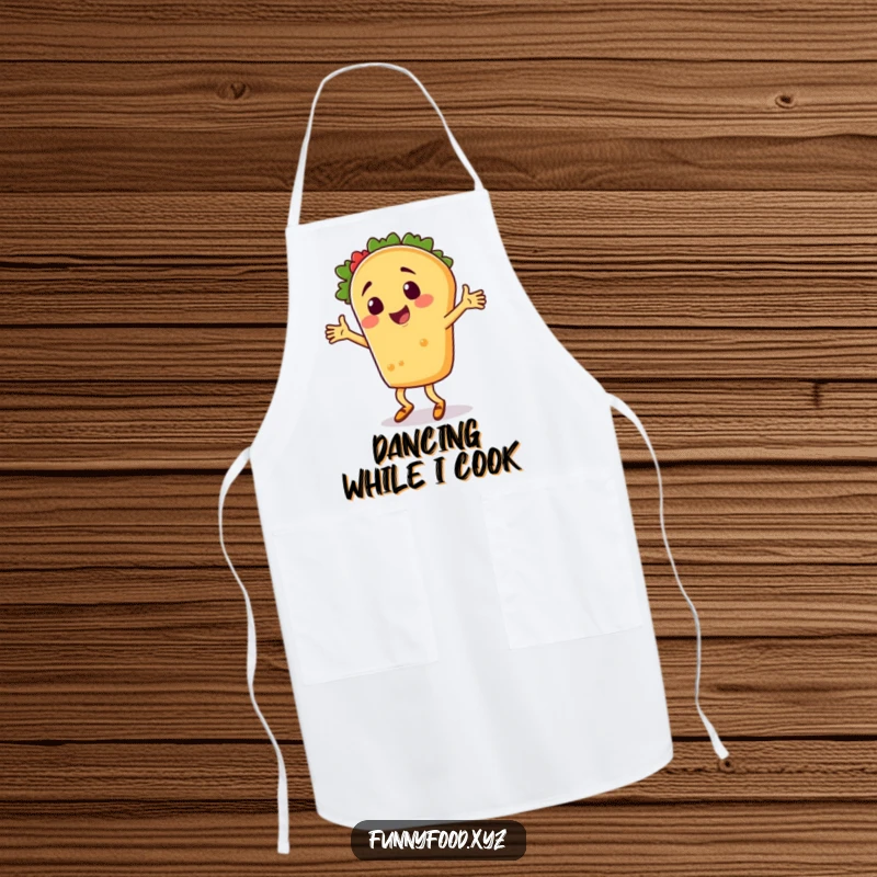 A funny taco person in a silly dance, featured on a functional and humorous apron for the kitchen.