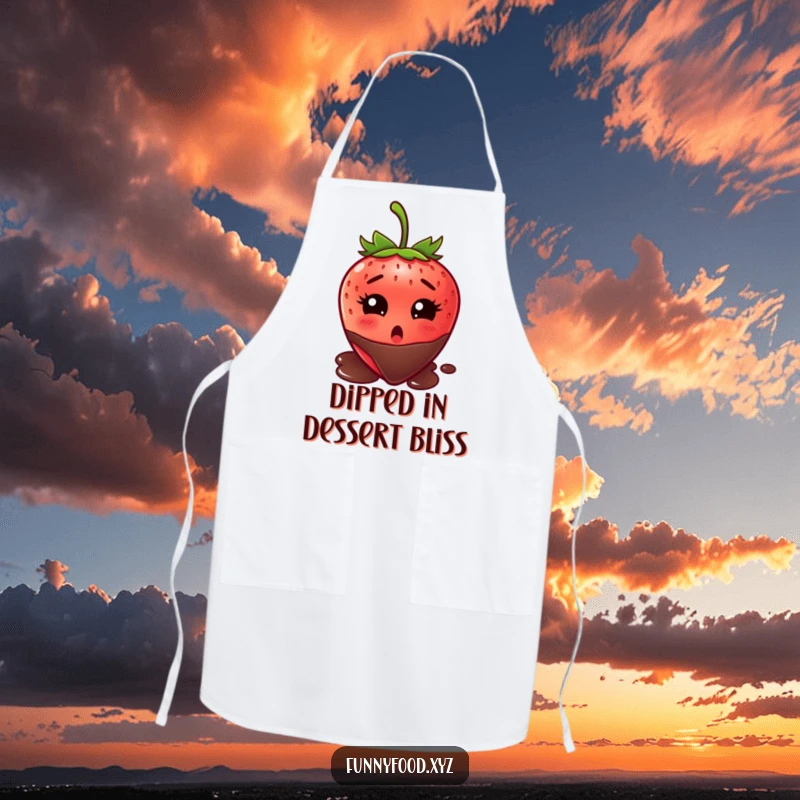 Funny strawberry apron, wide-eyed with surprise, about to be dipped in chocolate, a humorous kitchen accessory for cooks and bakers.