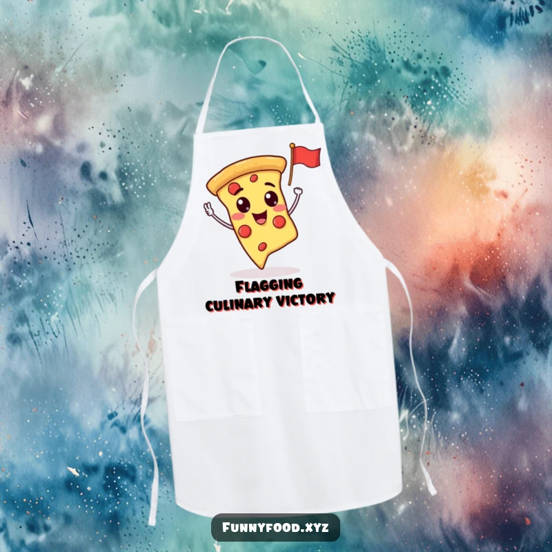 Funny pizza slice cheerfully waving a flag, printed on a practical and humorous apron for cooking.
