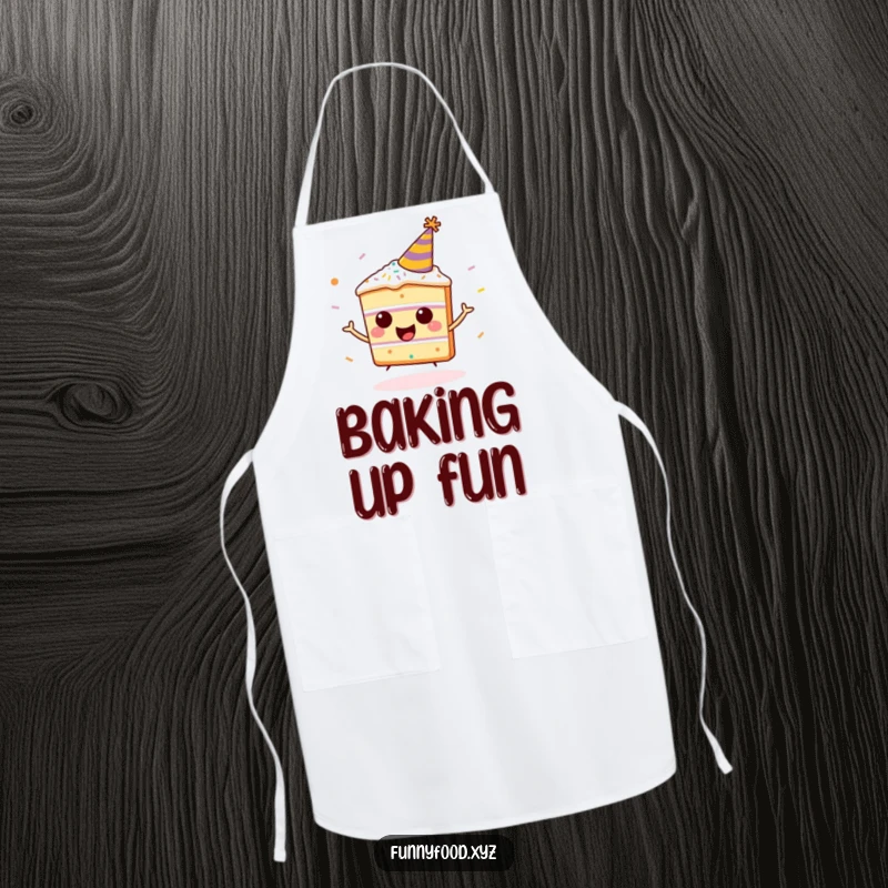 Funny happy cake slice apron, wearing a party hat, bouncing with sprinkles, a humorous and festive kitchen accessory.