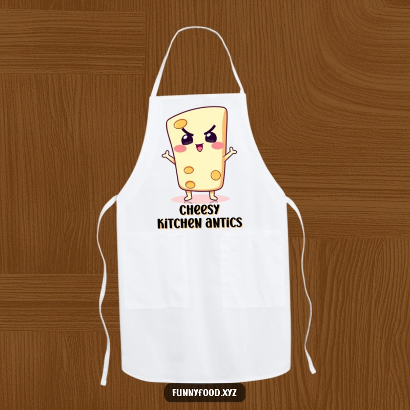 A determined slice of cheese in a silly pose, a humorous and practical apron for a playful cook.