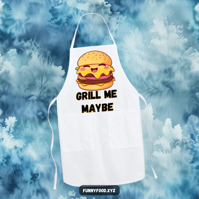 Funny cheeseburger apron, depicting a cheeseburger winking with melting cheese, ideal for humorous kitchen activities.