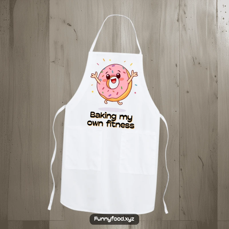 Funny donut apron featuring an anthropomorphic donut energetically doing jumping jacks, sprinkles flying wildly, adding a humorous touch to kitchen activities.