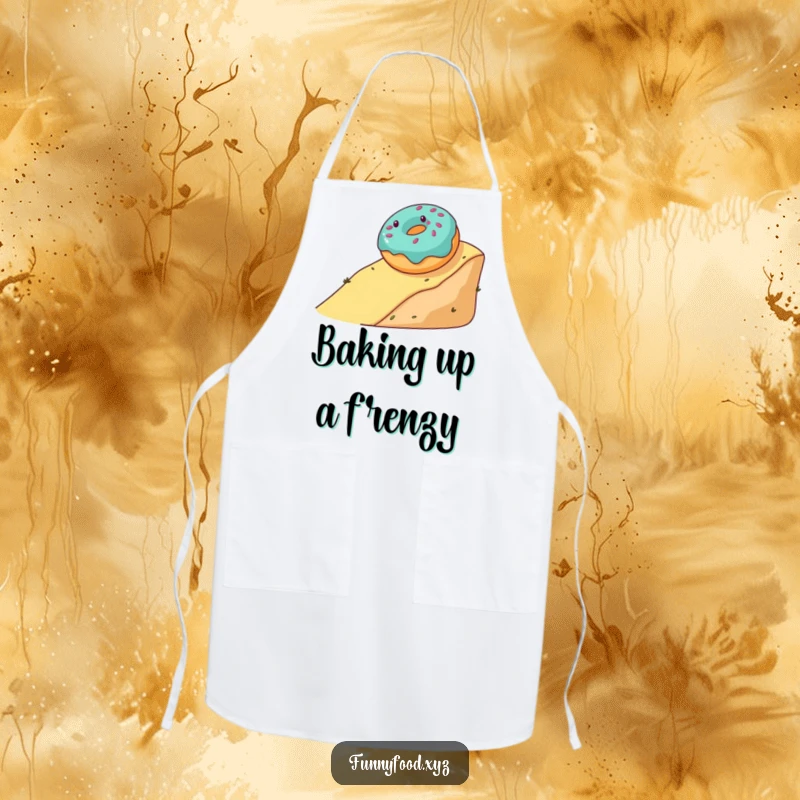 Funny apron with a gleeful donut rolling down a hill, perfect for kitchen fun and protecting clothes with sweetness.