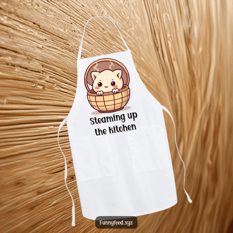Funny curious dumpling peeking from a steaming basket while wearing an apron, perfect for humorous kitchen activities.