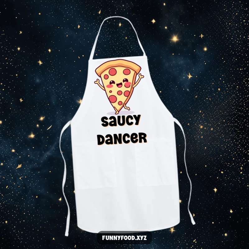Funny apron depicting a cheerful pizza slice with legs doing a joyful dance, adding humor to kitchen duties.