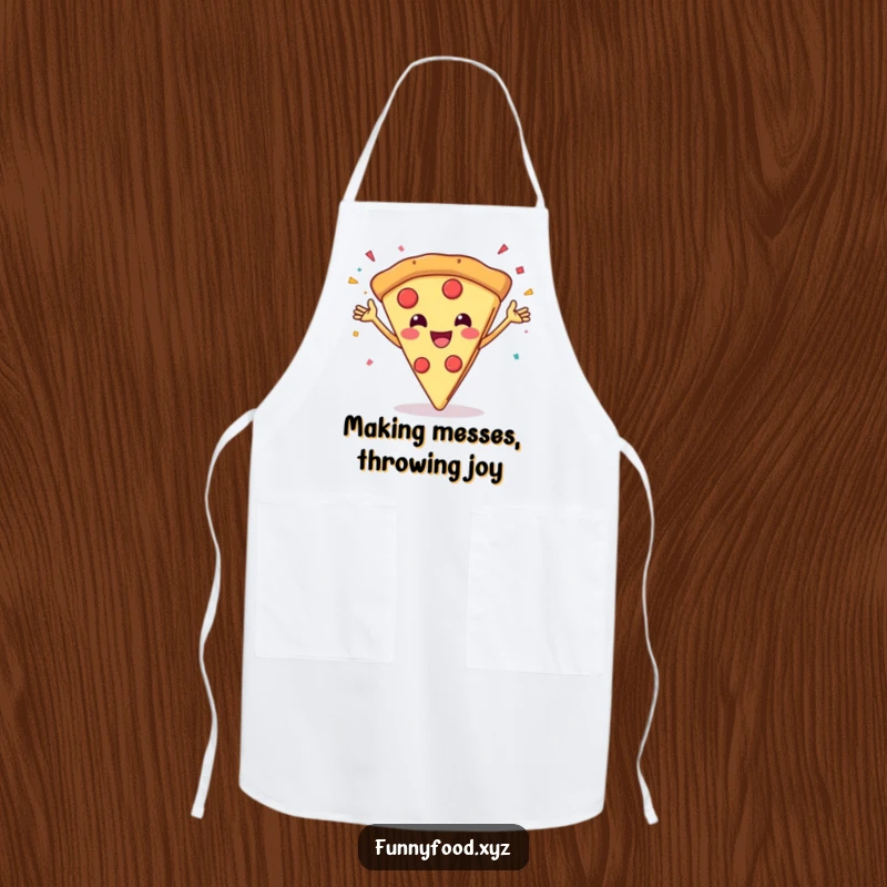 Funny apron with a grinning pizza slice throwing confetti, perfect for chefs and party hosts.