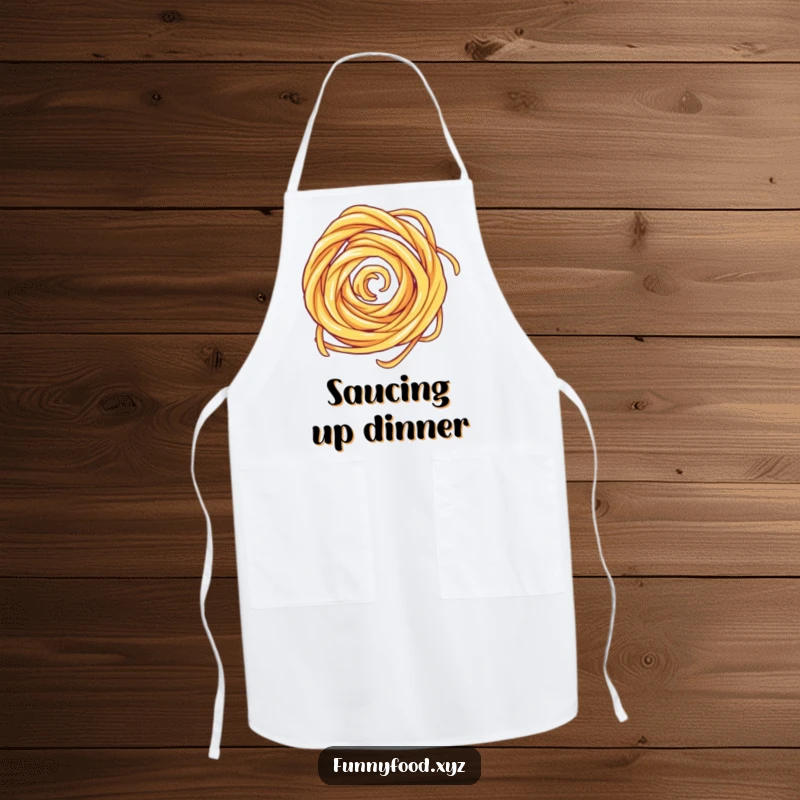 Funny apron depicting a fast-spinning pasta swirl, ideal for chefs and food lovers wanting humorous kitchen wear.
