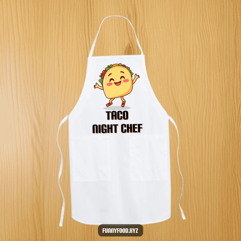 Funny apron with a smiling taco with legs doing a goofy salsa dance, ideal for humorous kitchen tasks.
