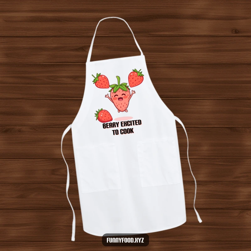 A funny strawberry person jumping with surprise and delight, printed on a practical and humorous apron.