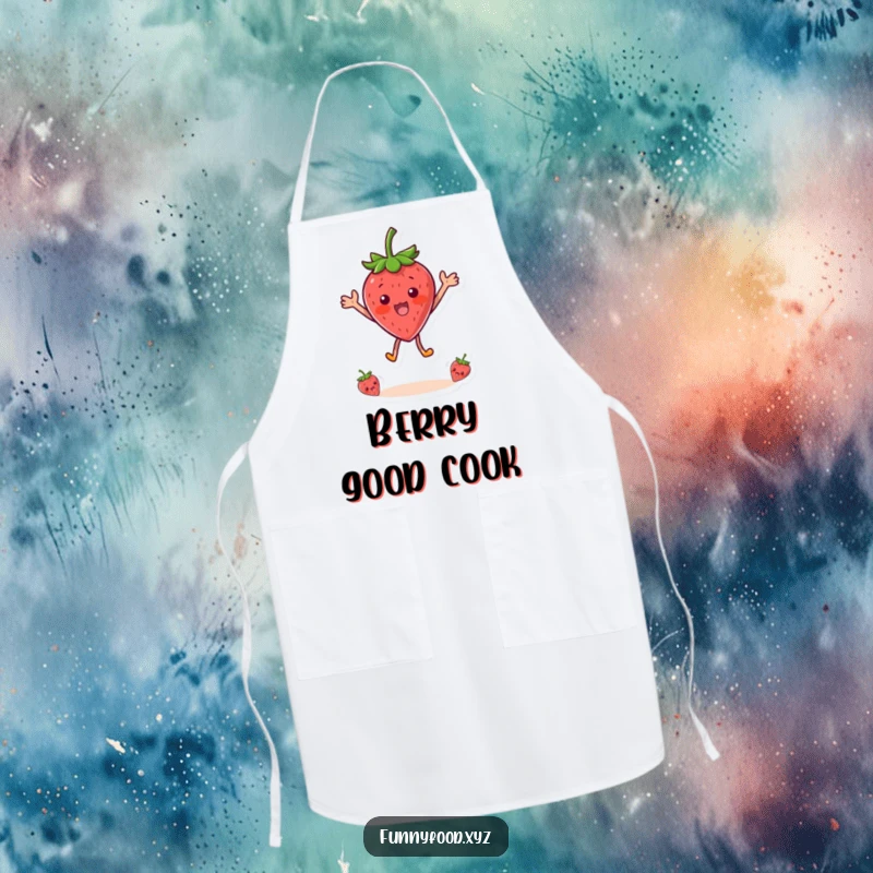 Funny apron featuring a surprised strawberry character in a joyful leap while cooking, adding humor to kitchen tasks.