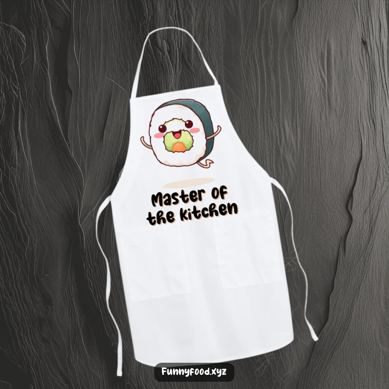 Funny sushi apron, a happy sushi roll with legs running enthusiastically, perfect for kitchen activities and sushi parties.