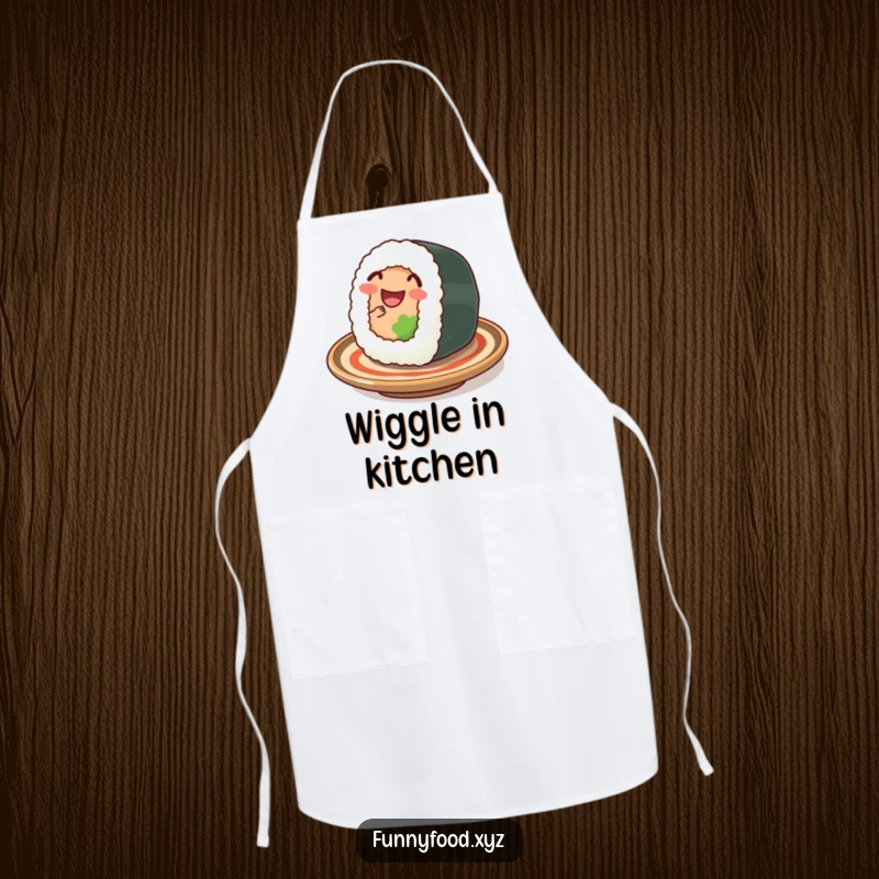 Funny sushi apron, depicting a sushi roll wiggling happily on a plate, ideal for humorous kitchen activities.