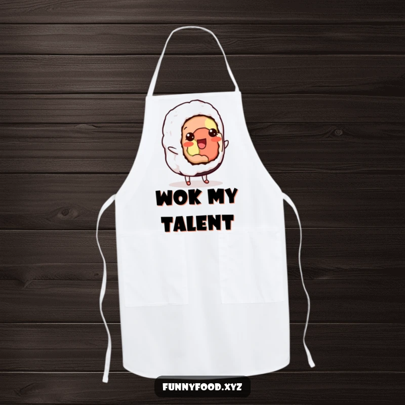 Funny apron with a delighted sushi roll doing a playful shuffle, perfect for a fun and energetic cook.