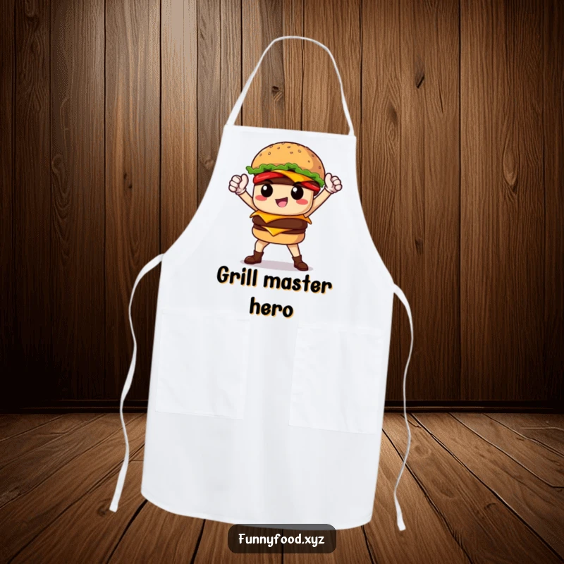 Funny proud burger hero posing heroically while wearing an apron, perfect for humorous grilling and cooking.