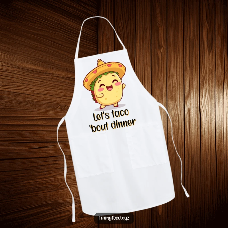 Funny apron with a shimmying taco in a sombrero, ideal for kitchen fun and protecting clothes with flair.