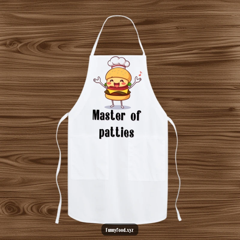 Funny apron with a happy burger chef in a hat, juggling food items, perfect for a fun and skilled cook.