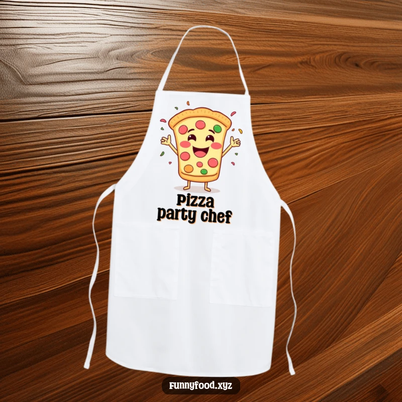 Funny apron featuring a grinning pizza slice with arms throwing confetti, perfect for making cooking sessions festive.