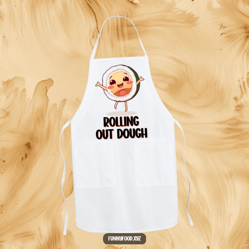 Funny apron adorned with a happy sushi roll character doing a funny cartwheel, perfect for chefs who love humor.