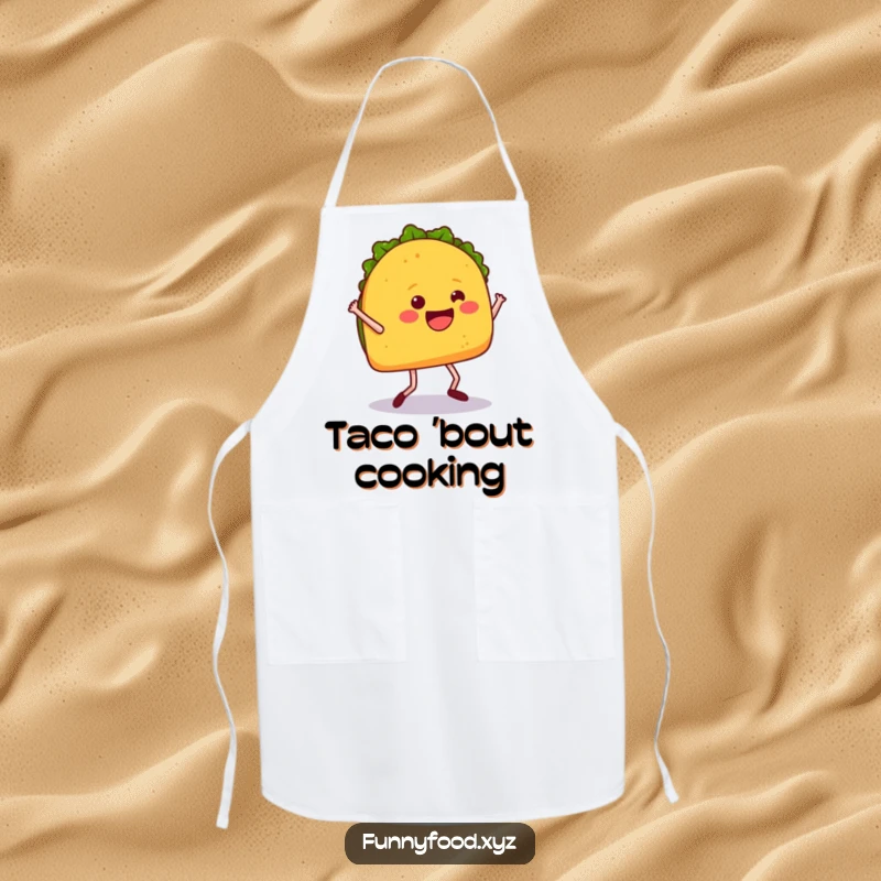 Funny apron featuring a happy taco with legs doing a fun dance, perfect for lively kitchen activities.
