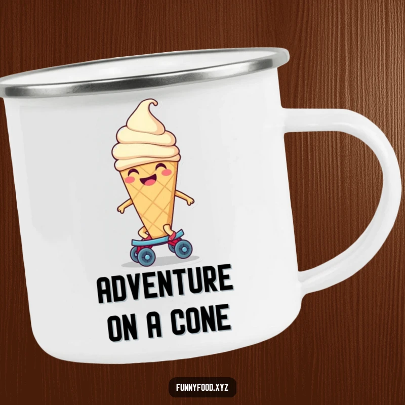Funny ice cream cone camping mug showing a happy character smiling on a miniature roller skate, ready for outdoor fun and beverages.