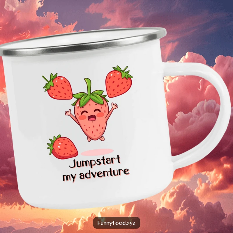 A funny strawberry person jumping with delight on a sturdy camping mug, designed for outdoor enjoyment.