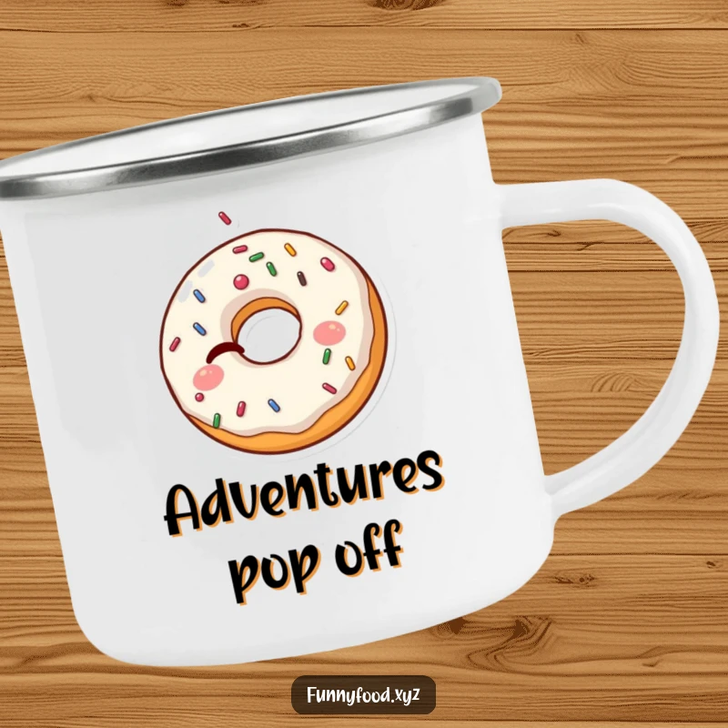 Funny Donut Camping Mug: A winking donut with bursting sprinkles is perfect for enjoying drinks humorously outdoors.