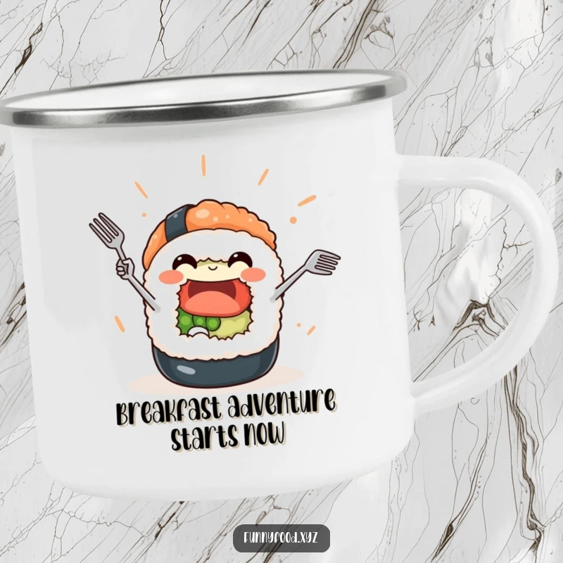 Funny Sushi Roll Camping Mug: A happy sushi character juggles tiny forks, perfect for enjoying drinks outdoors humorously.