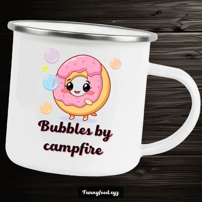 Funny camping mug with a donut character blowing colorful bubbles, perfect for outdoor fun and sweet treats.