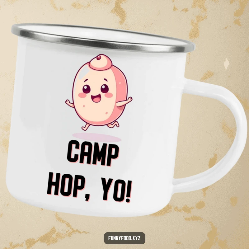 Funny candy piece camping mug with a joyful candy doing a mischievous hop, perfect for outdoor sipping.