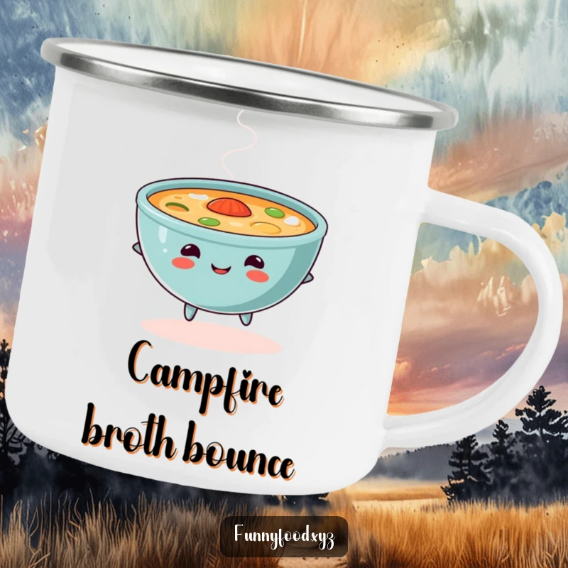 Funny soup camping mug, showing a skipping bowl of soup, durable and humorous for outdoor trips.
