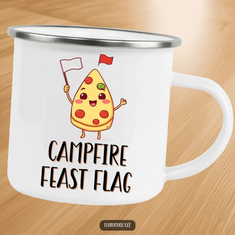 Funny pizza camping mug, a cheerful pizza slice waving a small flag, rugged and fun for outdoor trips.