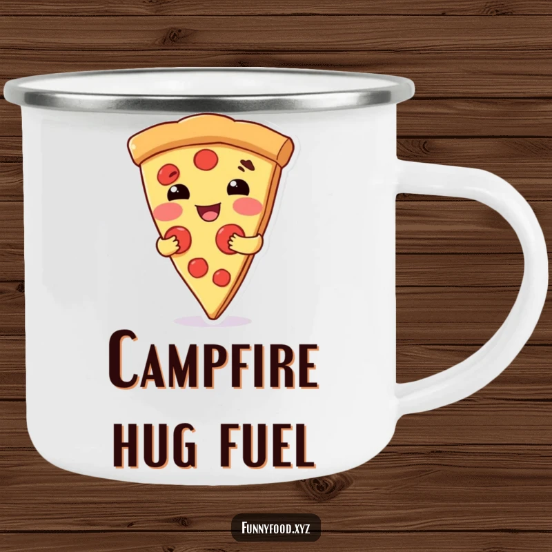 Funny camping mug with a pizza slice character giving a warm hug, designed for comfort-loving adventurers.