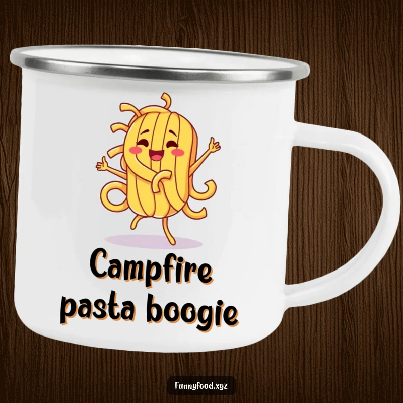Funny pasta character doing a silly dance, featured on a durable camping mug, perfect for outdoor enthusiasts.