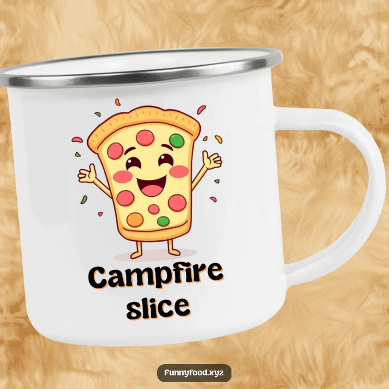 Funny camping mug featuring a grinning pizza slice throwing confetti, perfect for outdoor gatherings and festive drinks.