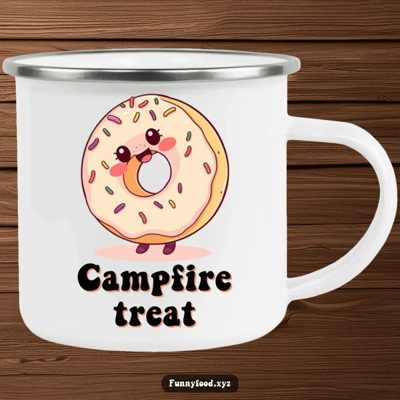 Funny camping mug showing a giggling donut with sprinkles excitedly doing a cartwheel, perfect for enjoying drinks in the wild.