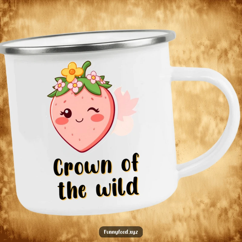 Funny camping mug with a strawberry character wearing a flower crown, perfect for nature lovers and sweet escapes.