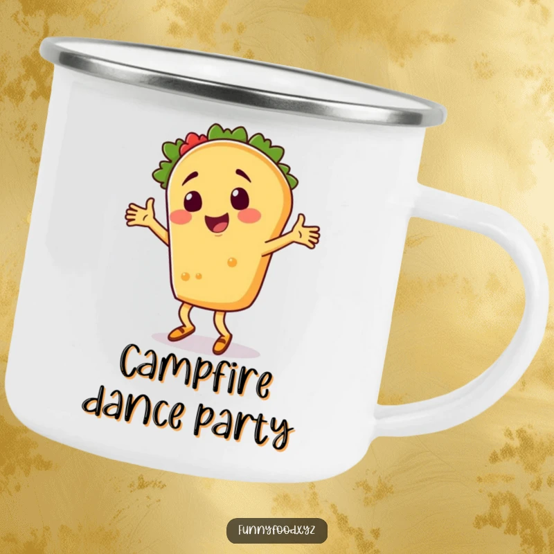 A funny taco person dancing energetically on a sturdy camping mug, perfect for outdoor adventures.