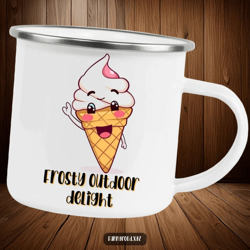 Funny Ice Cream Camping Mug with a goofy ice cream cone waving its scoop, perfect for outdoor enjoyment.
