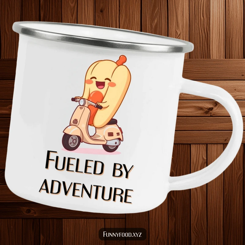 Funny camping mug design of a happy hot dog riding a tiny scooter, ready for any adventure with a smile.