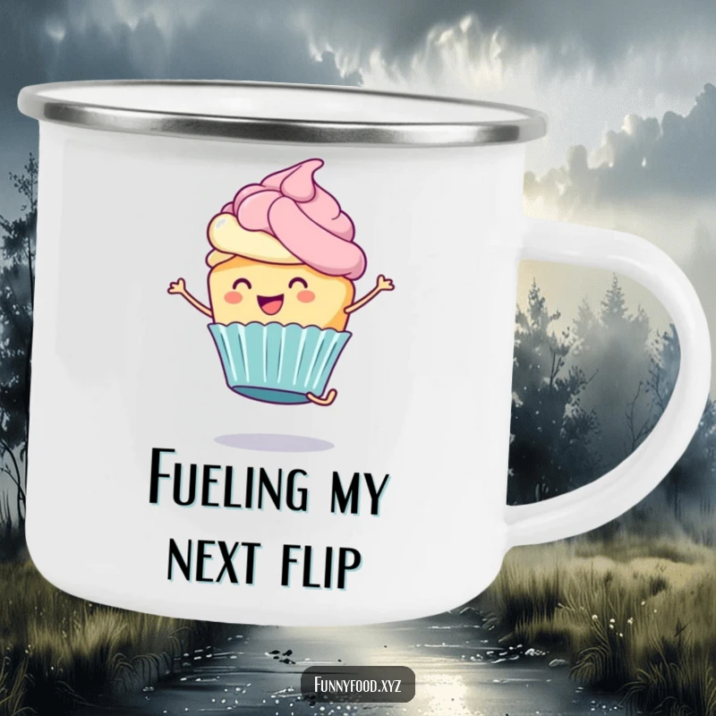 Funny Cupcake Camping Mug: A cheerful cupcake with frosting doing a cartwheel, perfect for enjoying drinks humorously outdoors.