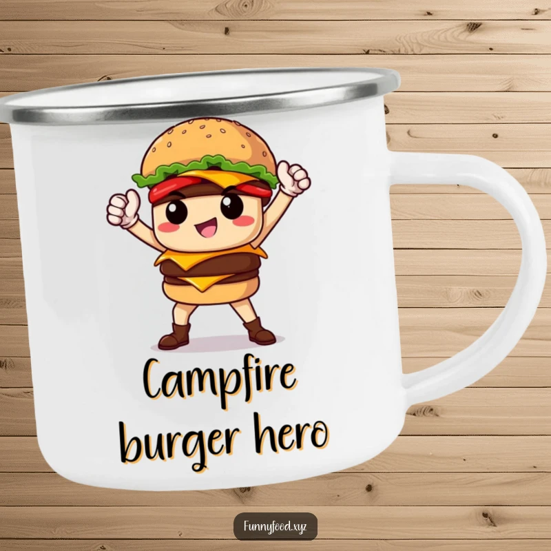 Funny proud burger hero posing heroically on a durable camping mug, perfect for outdoor enthusiasts.