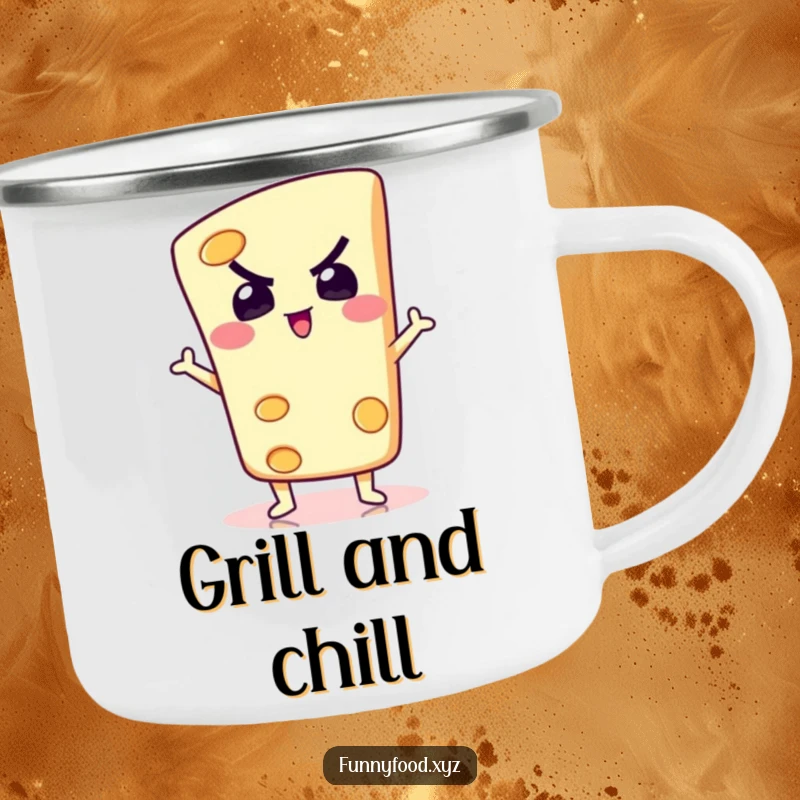 A determined slice of cheese in a silly pose, a humorous and durable camping mug for outdoor enthusiasts.