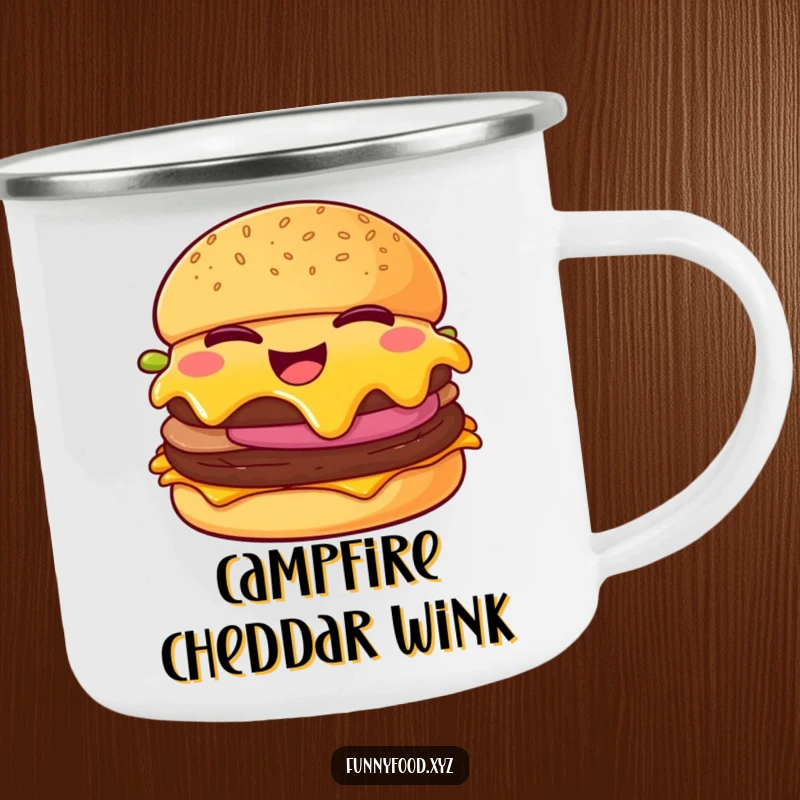 Funny cheeseburger camping mug, showing a winking cheeseburger with melting cheese, durable and humorous for outdoor trips.