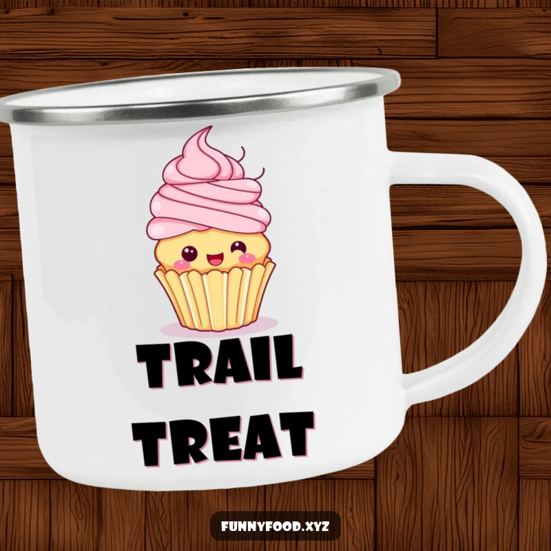 Funny camping mug showing a playful cupcake with frosting hair excitedly spinning, perfect for enjoying drinks in the wild.