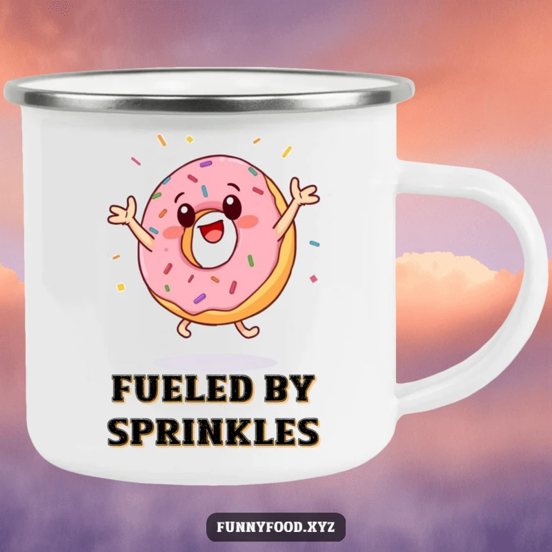 Funny donut camping mug depicting an anthropomorphic donut hilariously performing jumping jacks, with sprinkles flying to inspire outdoor fun and laughter.