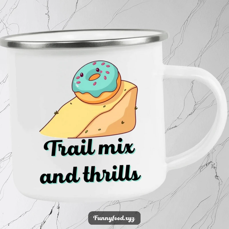 Funny camping mug featuring a gleeful donut rolling down a hill, perfect for enjoying drinks outdoors with sweet fun.